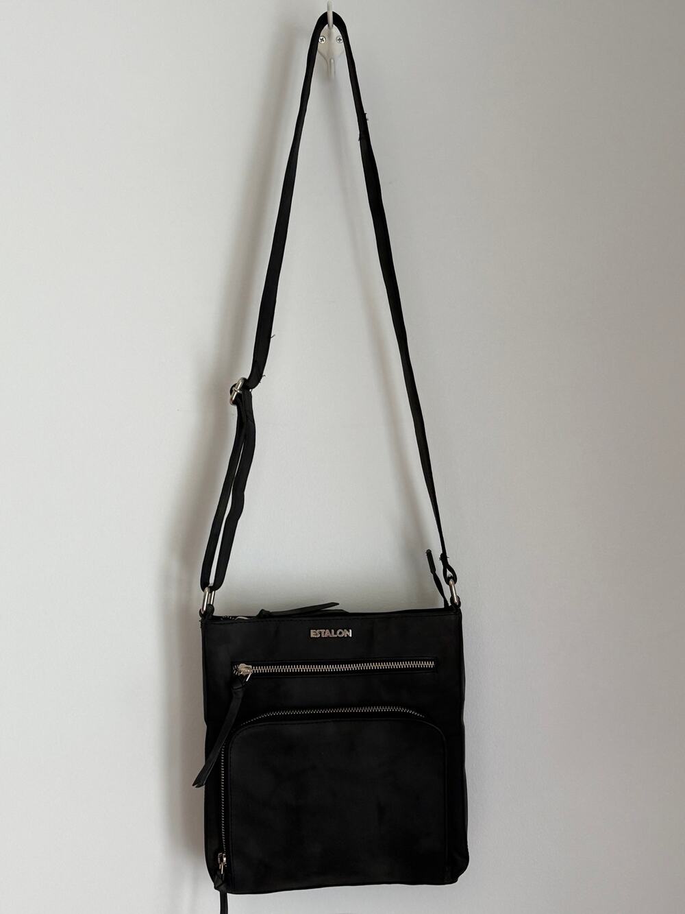 Estalon Black Leather Crossbody Bag Multi Pocket Adjustable Strap Travel Purse